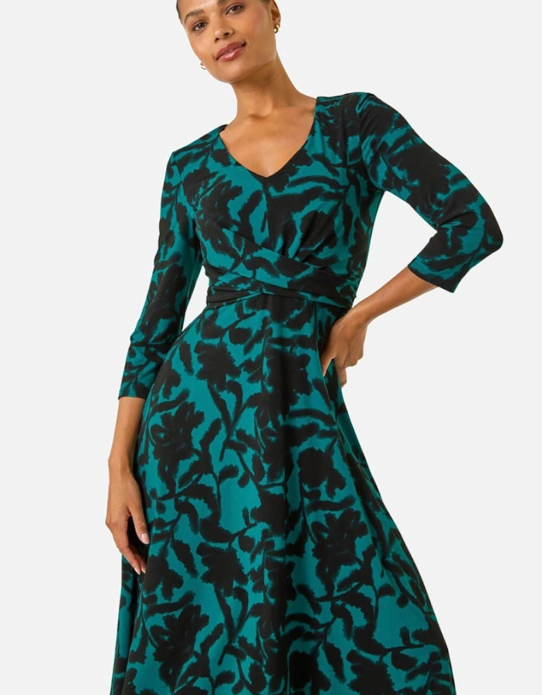 Floral Print Wrap Midi Stretch Dress