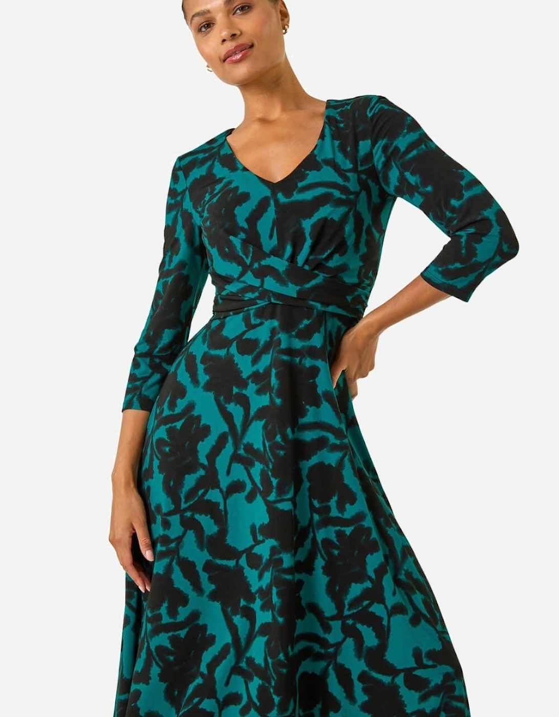 Floral Print Wrap Midi Stretch Dress, 2 of 1