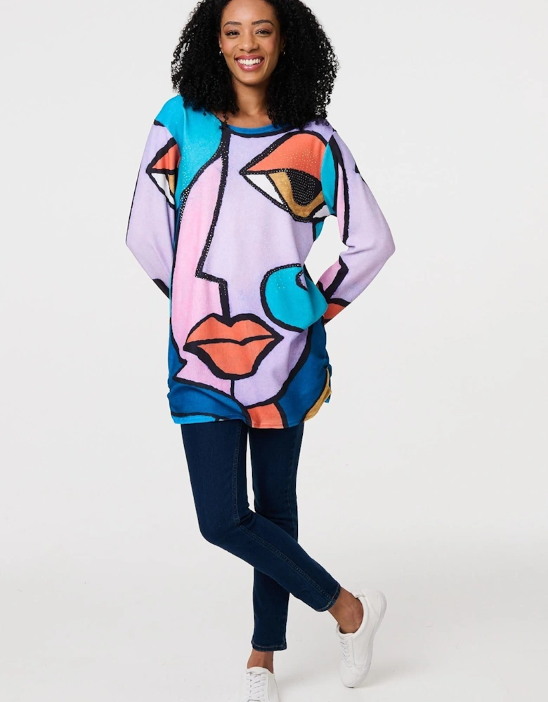 Abstract Diamante Detail Tunic Top