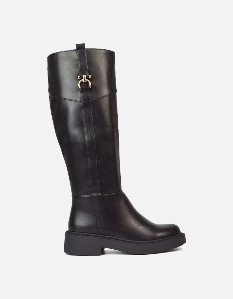 'Terrie' Knee High Chunky Low Heel Biker Boots With Gold Detail