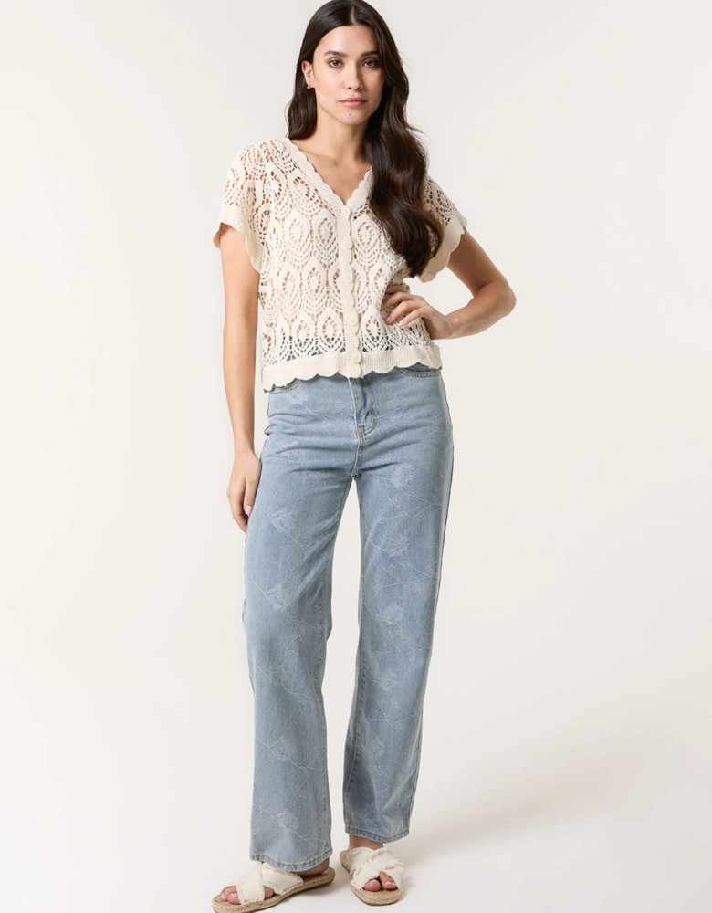 Stone Short Sleeved Button Crochet Top