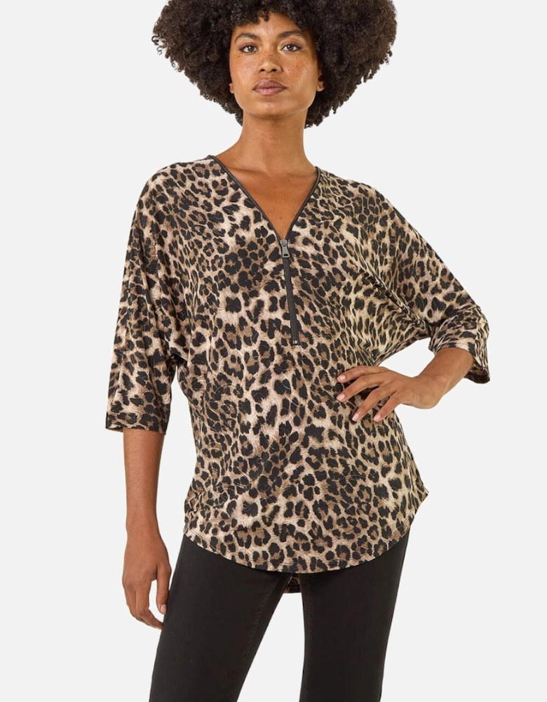 Animal Print Zip Front Stretch Top