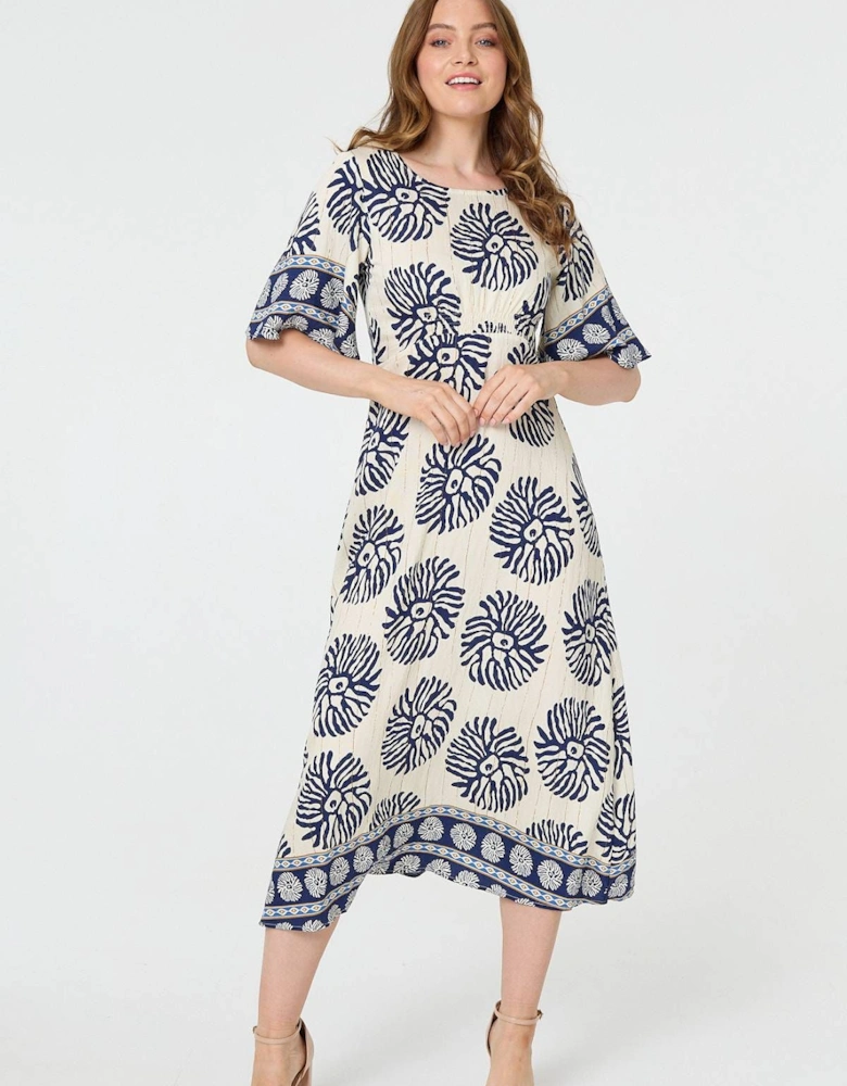 Floral Flared Sleeve Ruched Midi Dress