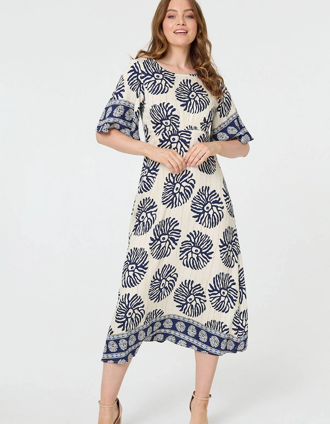 Floral Flared Sleeve Ruched Midi Dress, 2 of 1