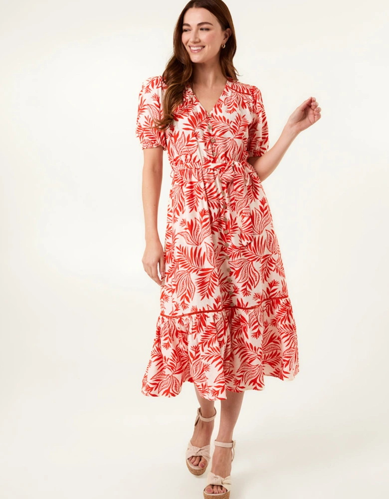 Orange Coconut Button Front Belted Midi Shirt Dress