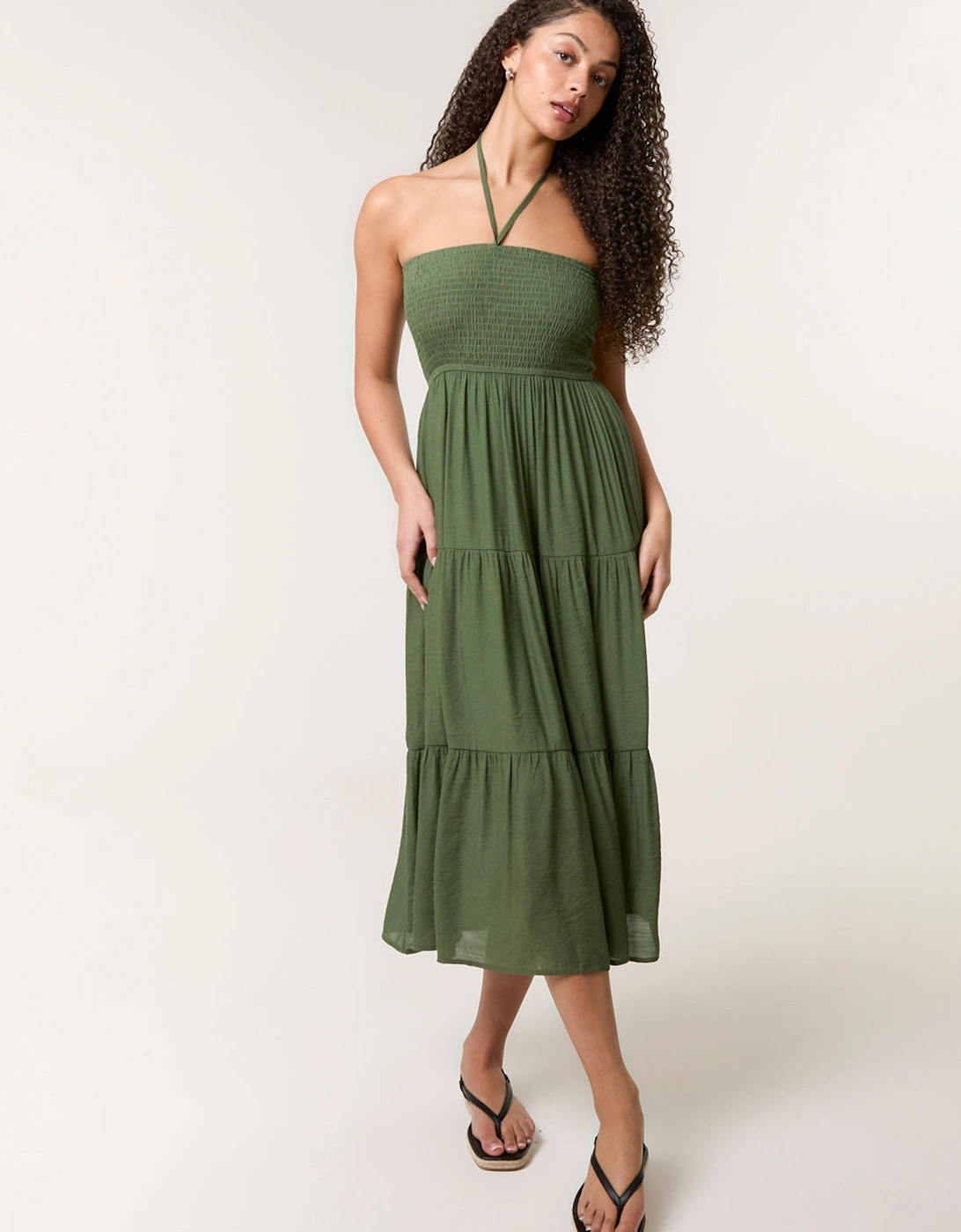 Khaki Bandeau Tiered Midi Dress, 2 of 1