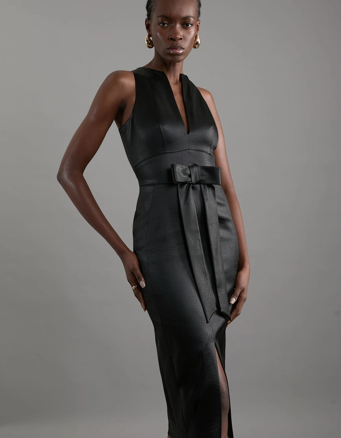 Petite Italian Structured Satin Bow Detail Tailored Midi Dress, 2 of 1