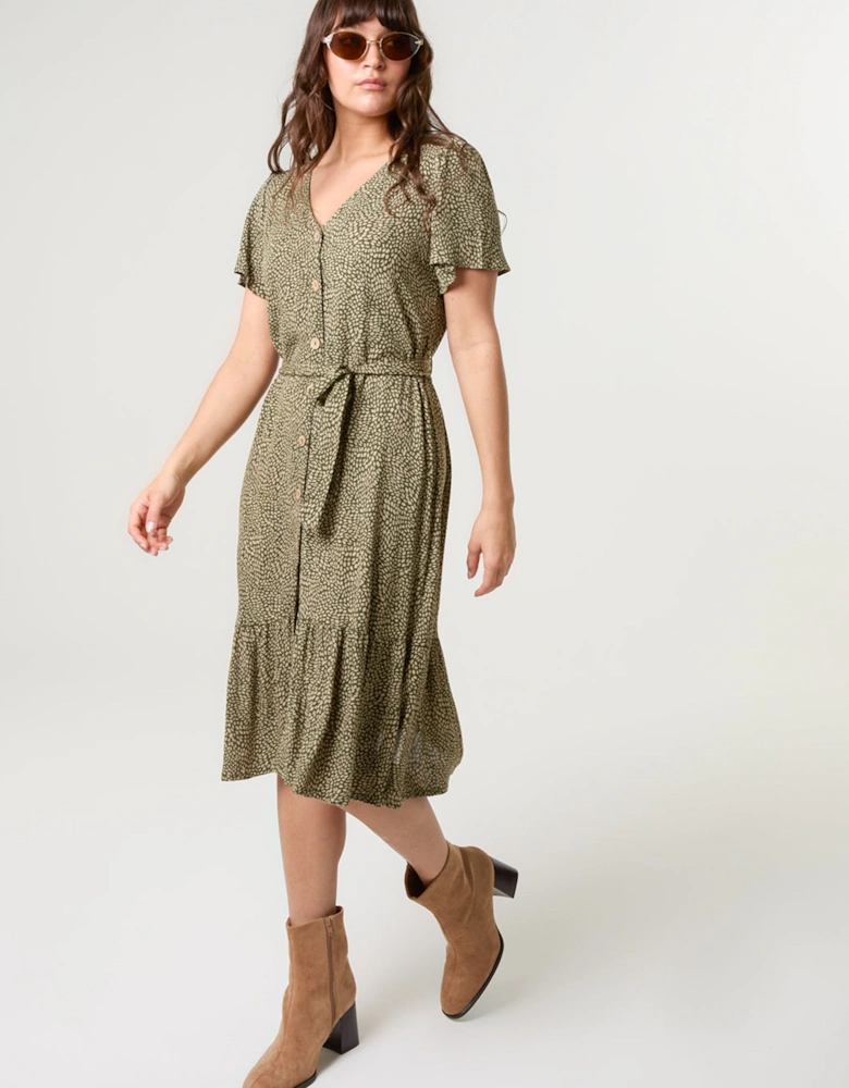 Khaki Coconut Button V Neck Tie Waist Midi Dress