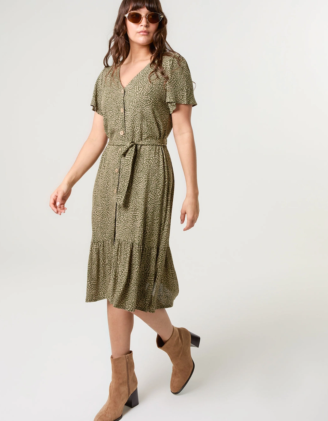Khaki Coconut Button V Neck Tie Waist Midi Dress, 2 of 1