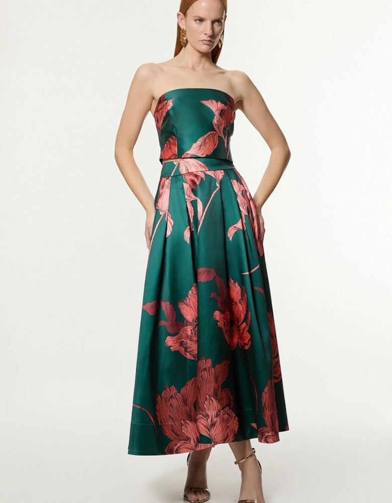 Floral Print Twill  Woven Prom Midi Skirt