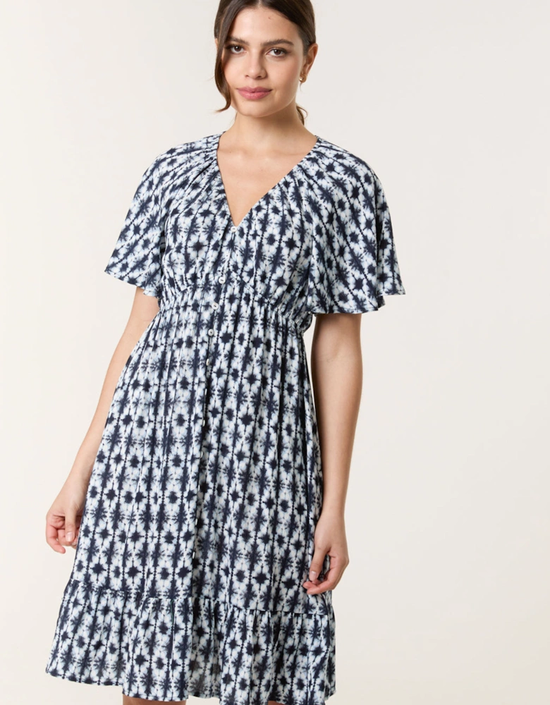 Navy V Neck Button Front Mini Dress
