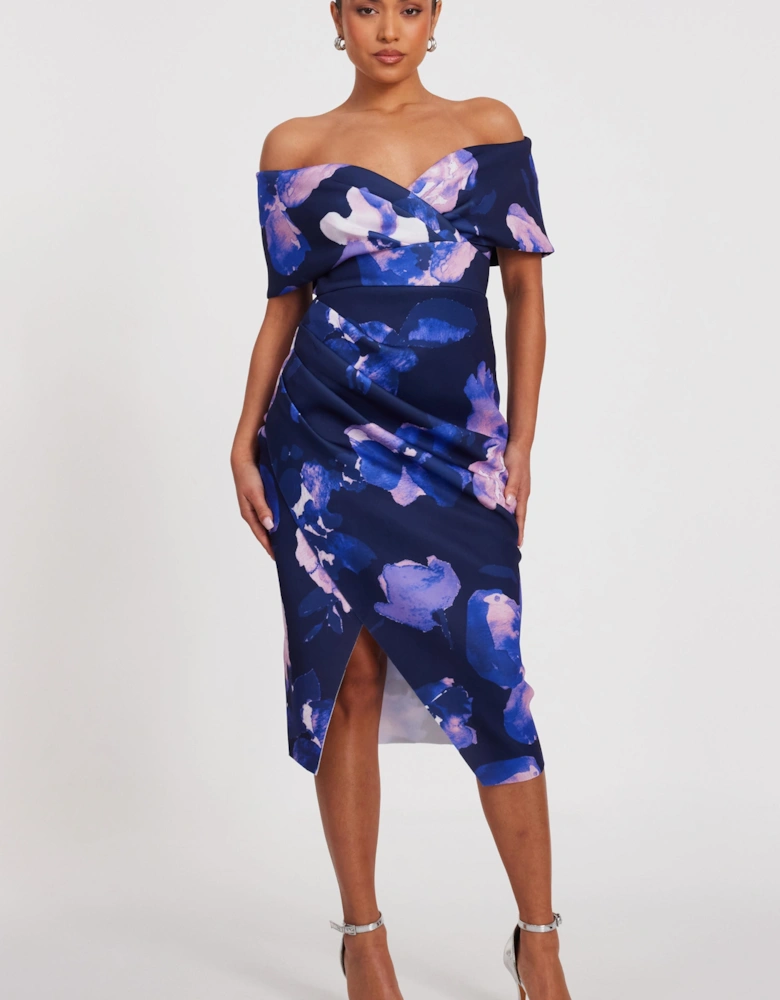 Navy Petite Floral Bardot Midi Dress