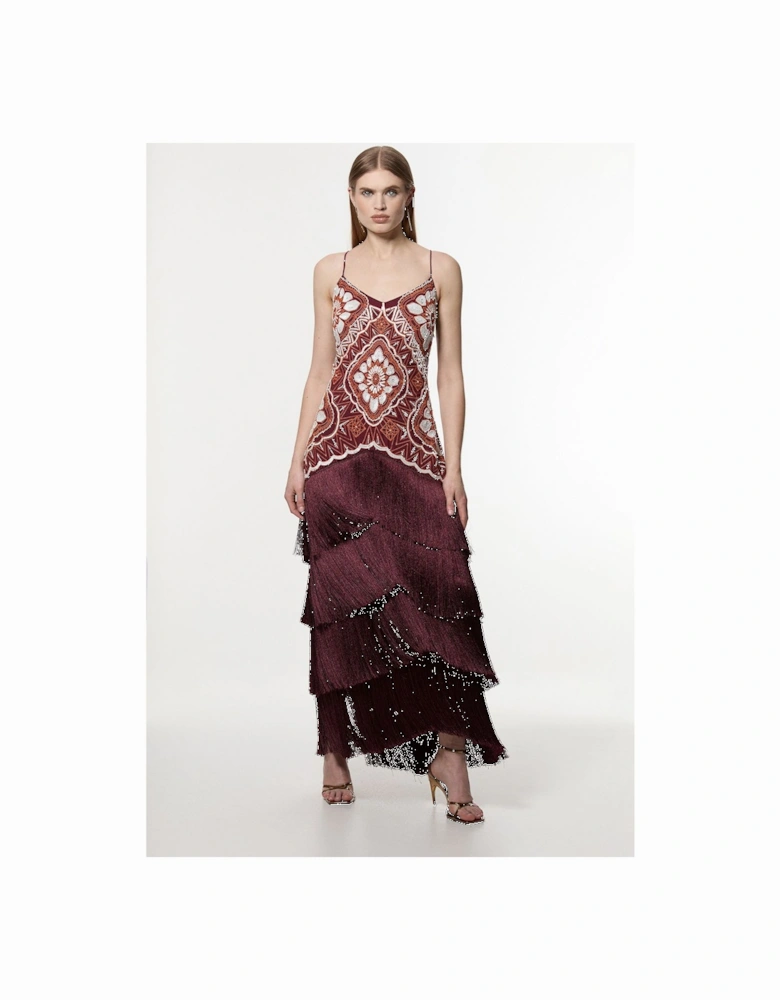 Embellished Fringe Strappy Woven Maxi Dress