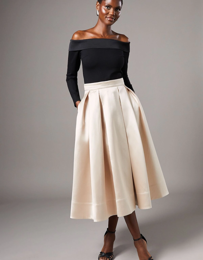 Twill Pleat Midi Skirt