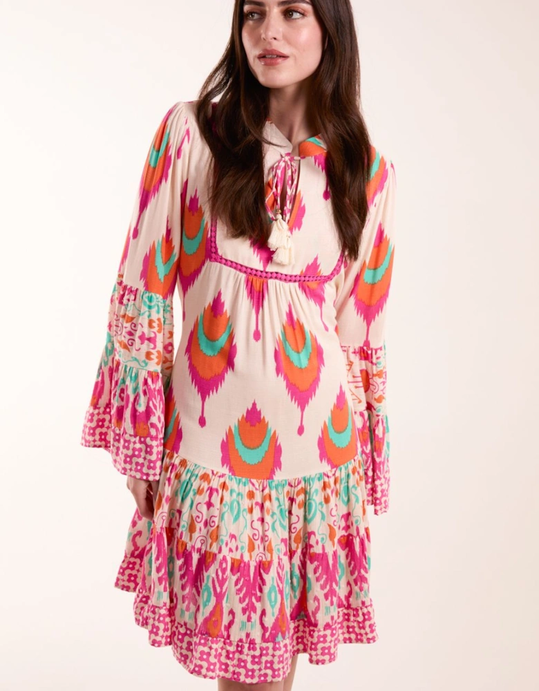 Printed Long Sleeve Tie Front Smock Dress