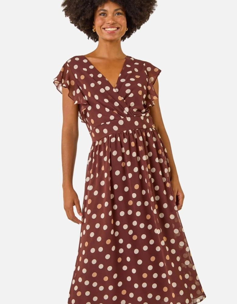 Spot Print V-Neck Frill Midi Dress