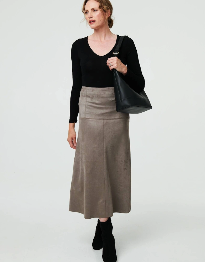Faux Suede A-Line High Waist Midi Skirt