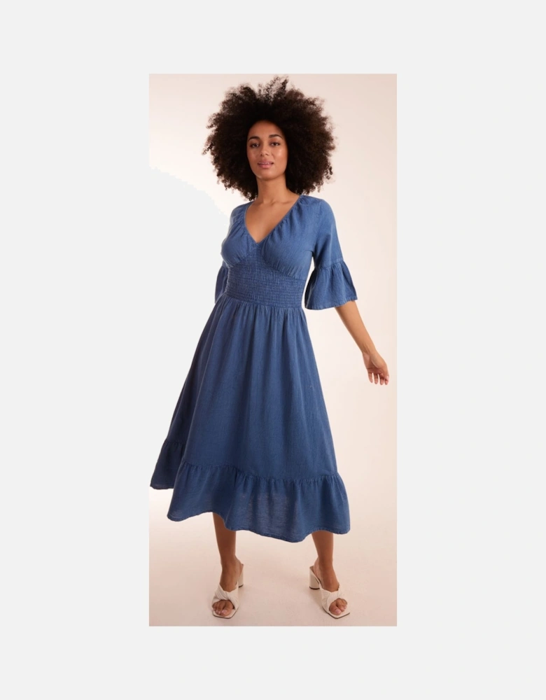V-Neck Shirred Midi Dress