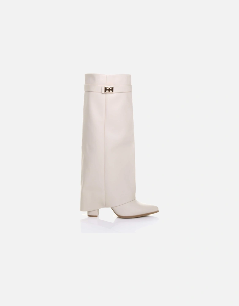High Block Heel Pointed Toe Fold Over  Knee High Boots