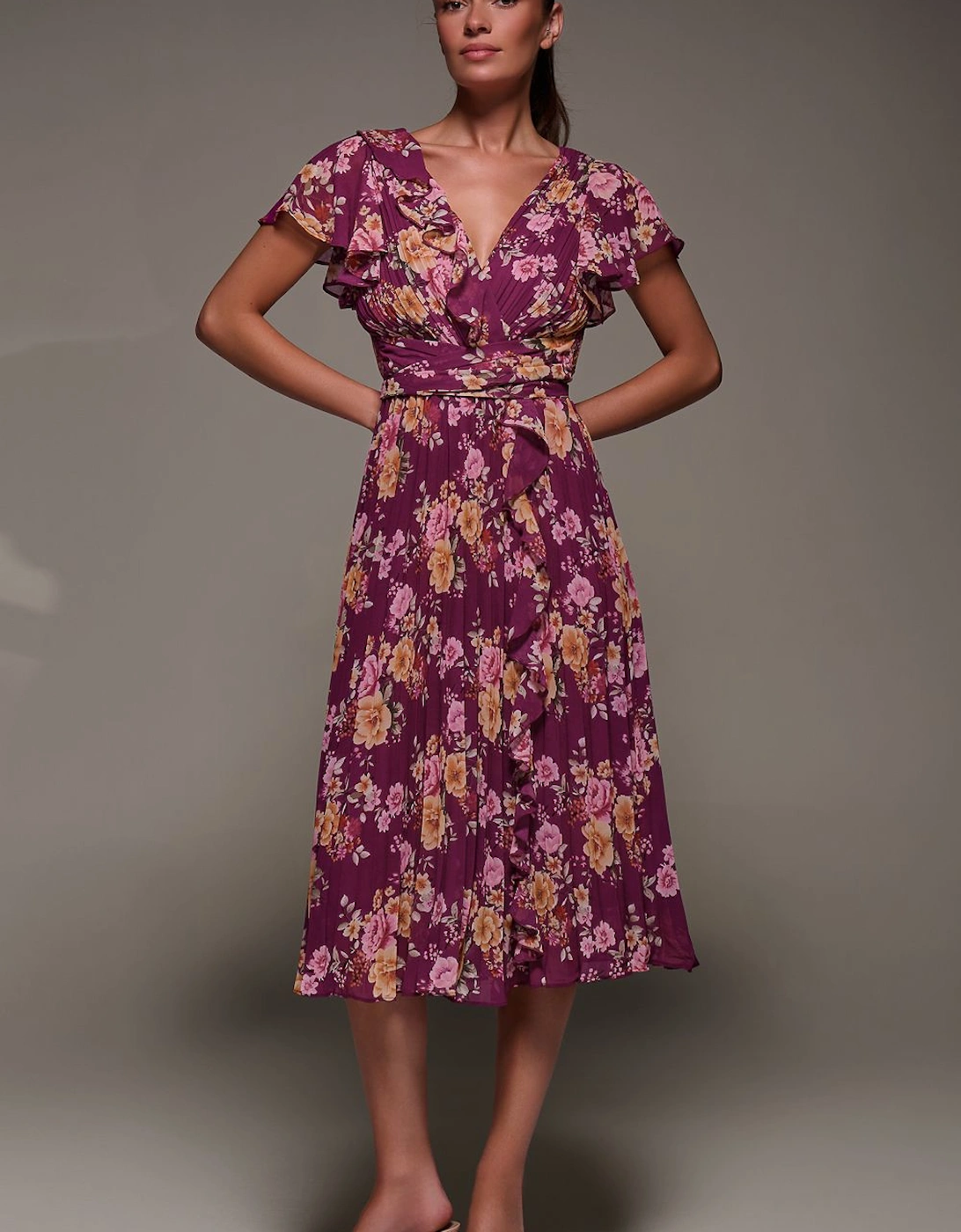 Printed Ruffle Detail Pleated Chiffon Midi Dress, 2 of 1