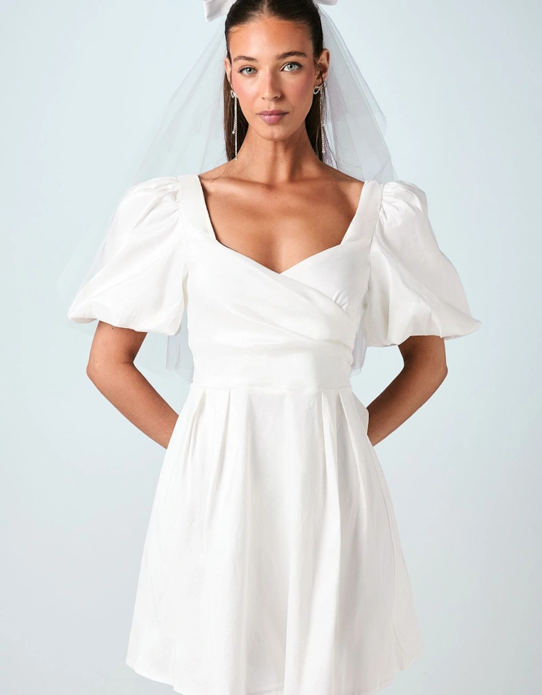Puff Sleeve Full Skirted Mini Dress With Tie Back