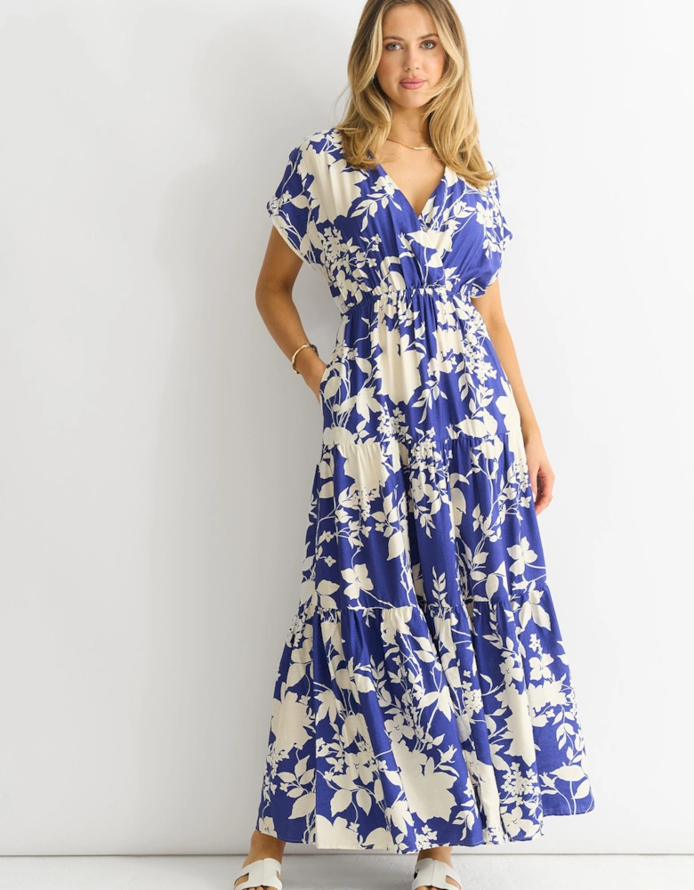 Blue Floral Elastic Waist Maxi Dress