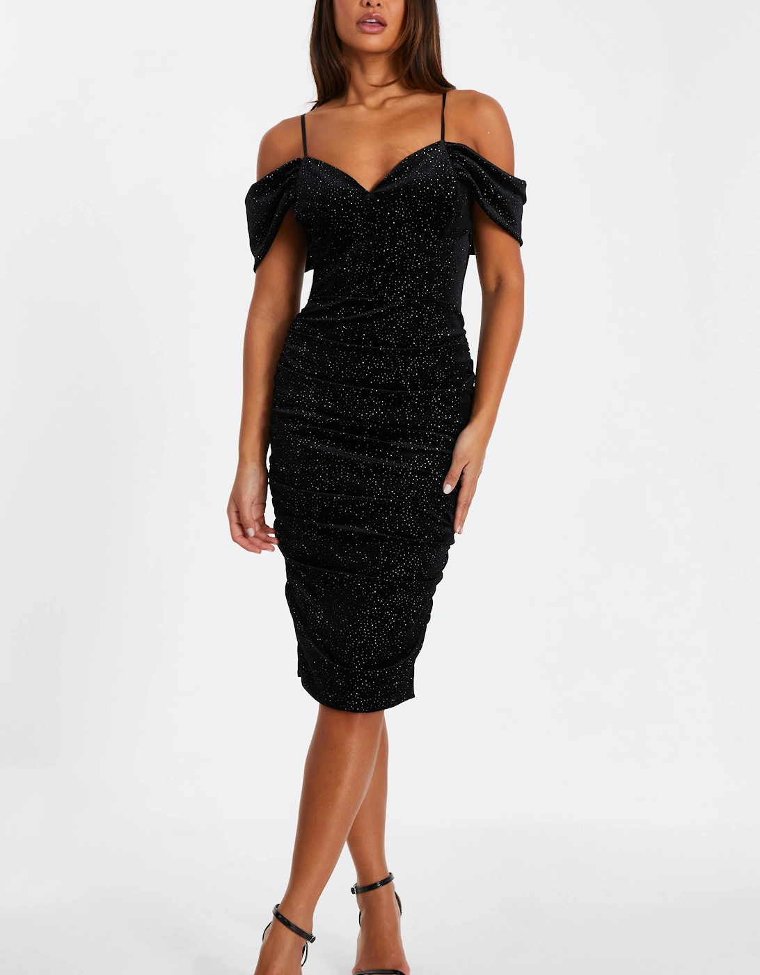 Black Velvet Glitter Cold Shoulder Midi Dress, 2 of 1