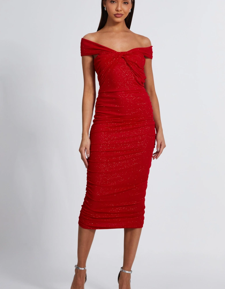 Red Glitter Mesh Midi Dress