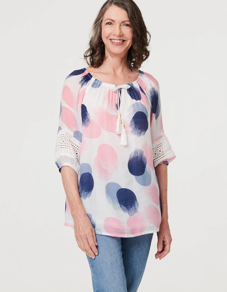 Printed Lace Trim Tassel Front Blouse