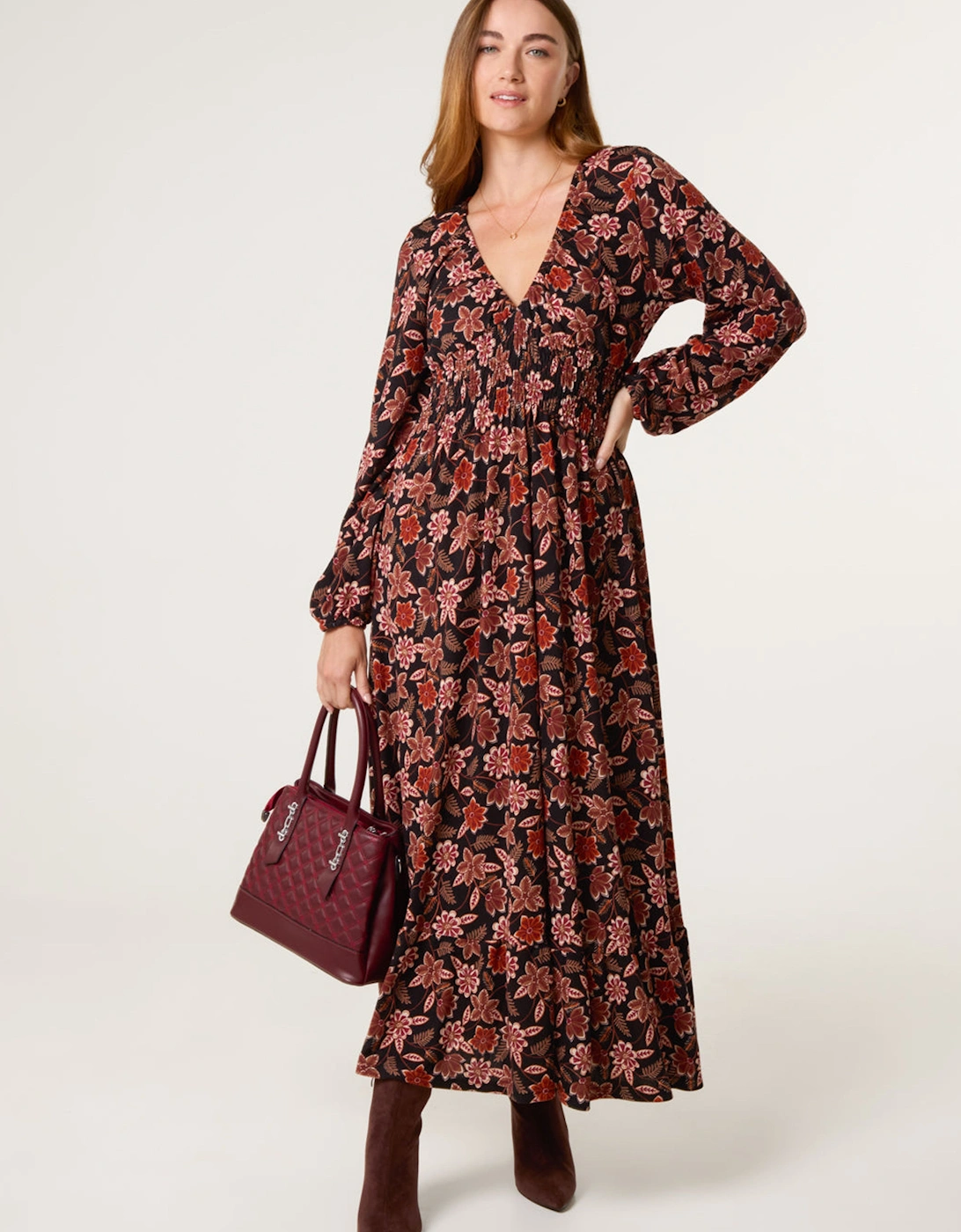 Black V Neck Shirred Long Sleeve Dress, 2 of 1