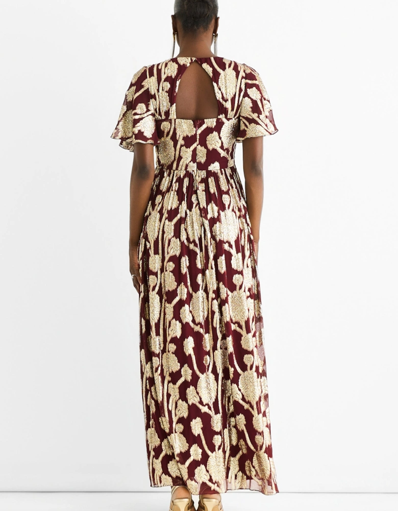 Burgundy Metallic Jacquard Flutter Sleeves Floral Maxi Dress