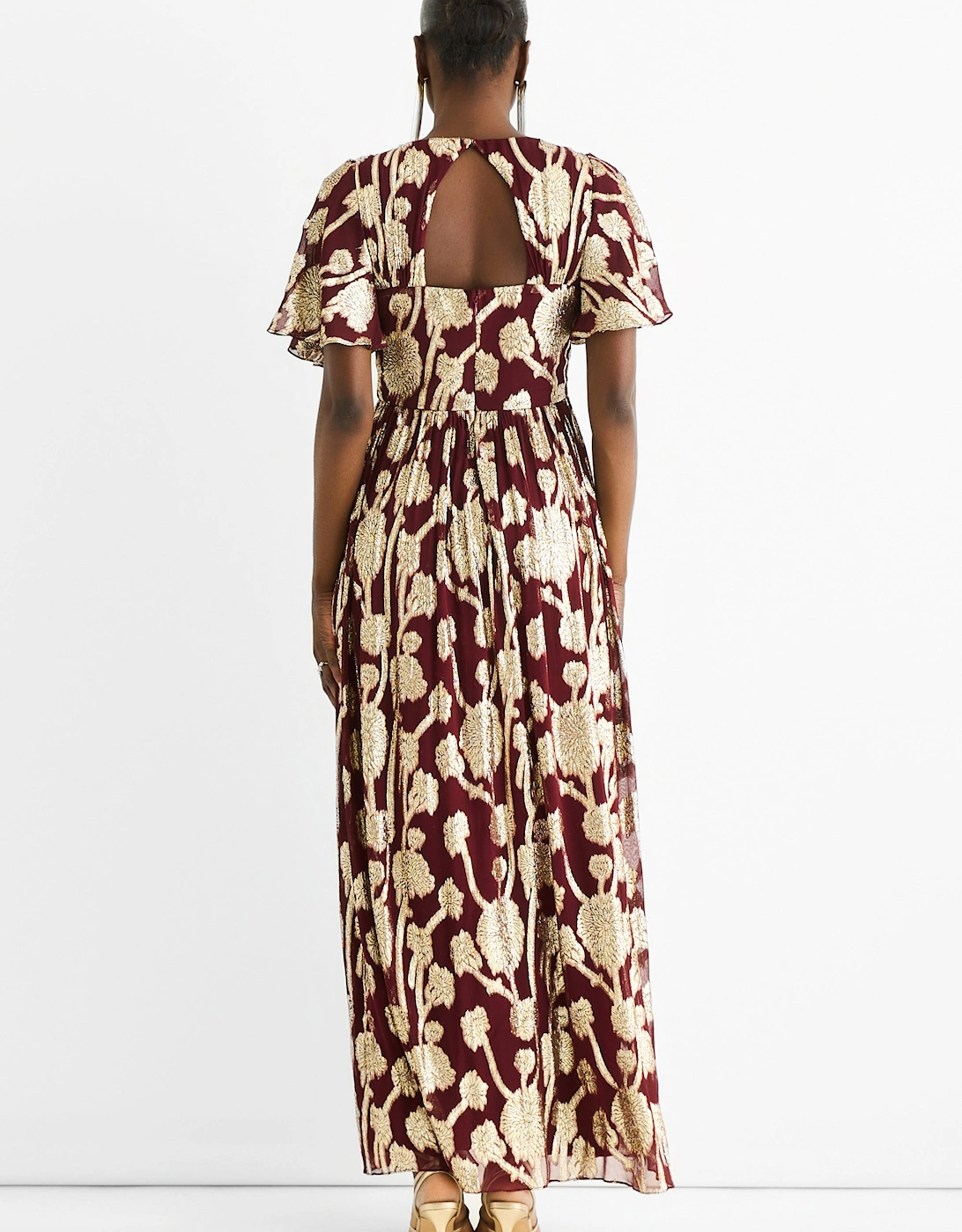 Burgundy Metallic Jacquard Flutter Sleeves Floral Maxi Dress
