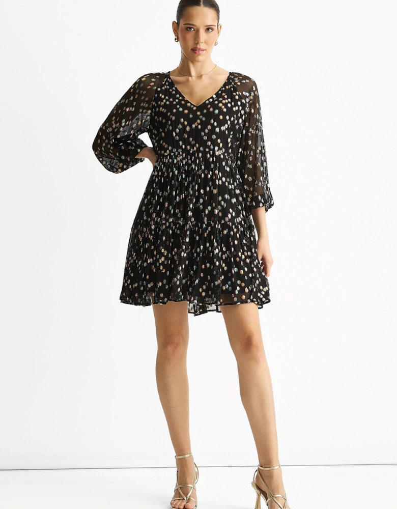 Black Multicolored Spot Viscose Clipped Jacquard Mini Tiered Dress