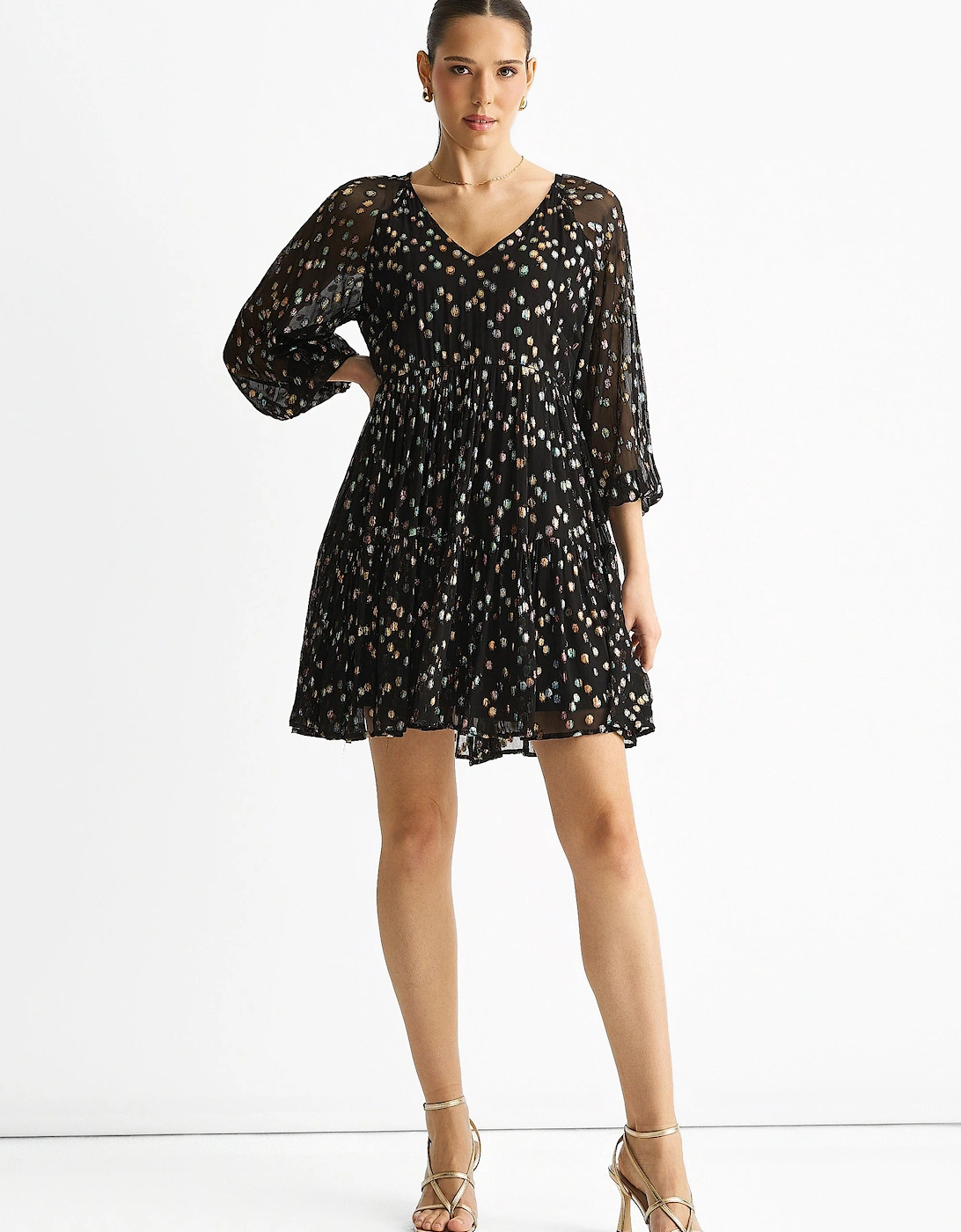 Black Multicolored Spot Viscose Clipped Jacquard Mini Tiered Dress, 5 of 4