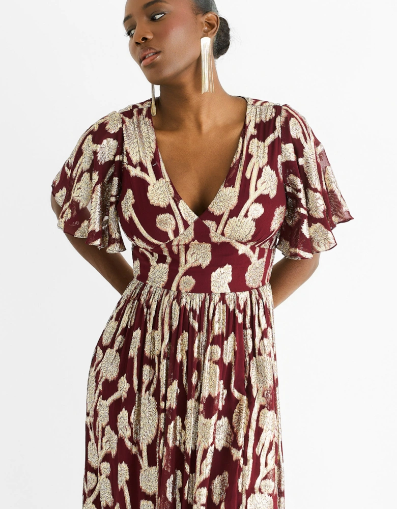 Burgundy Metallic Jacquard Flutter Sleeves Floral Maxi Dress