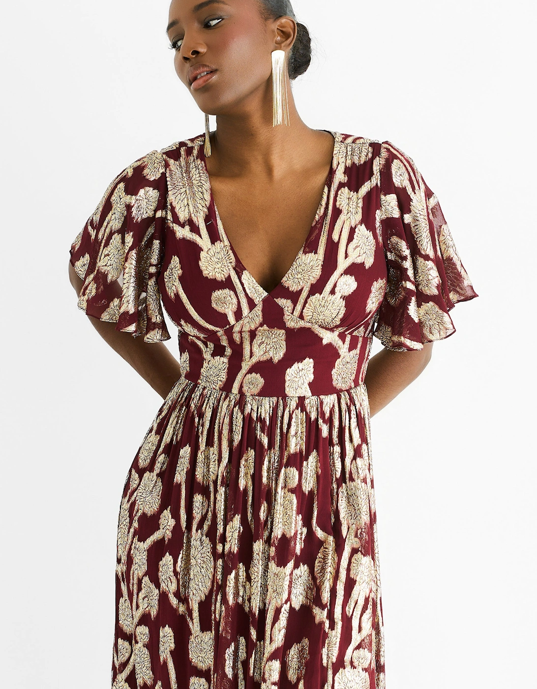 Burgundy Metallic Jacquard Flutter Sleeves Floral Maxi Dress