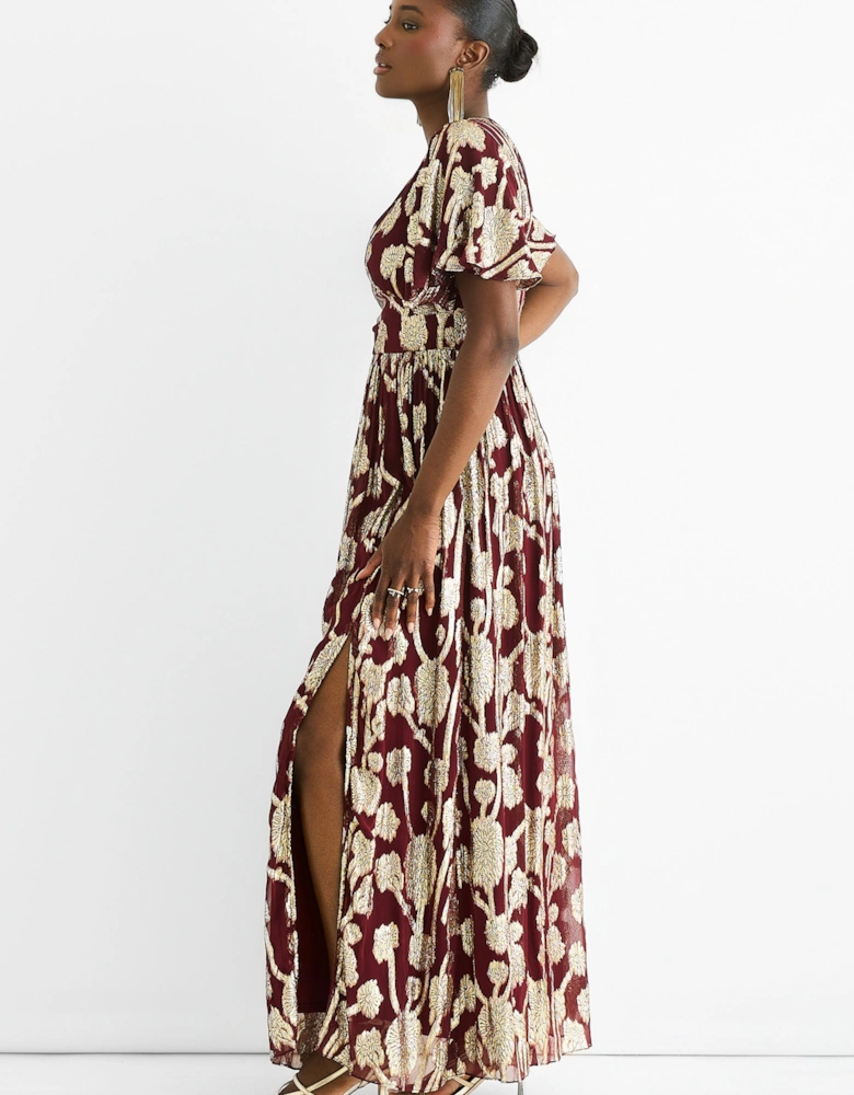 Burgundy Metallic Jacquard Flutter Sleeves Floral Maxi Dress