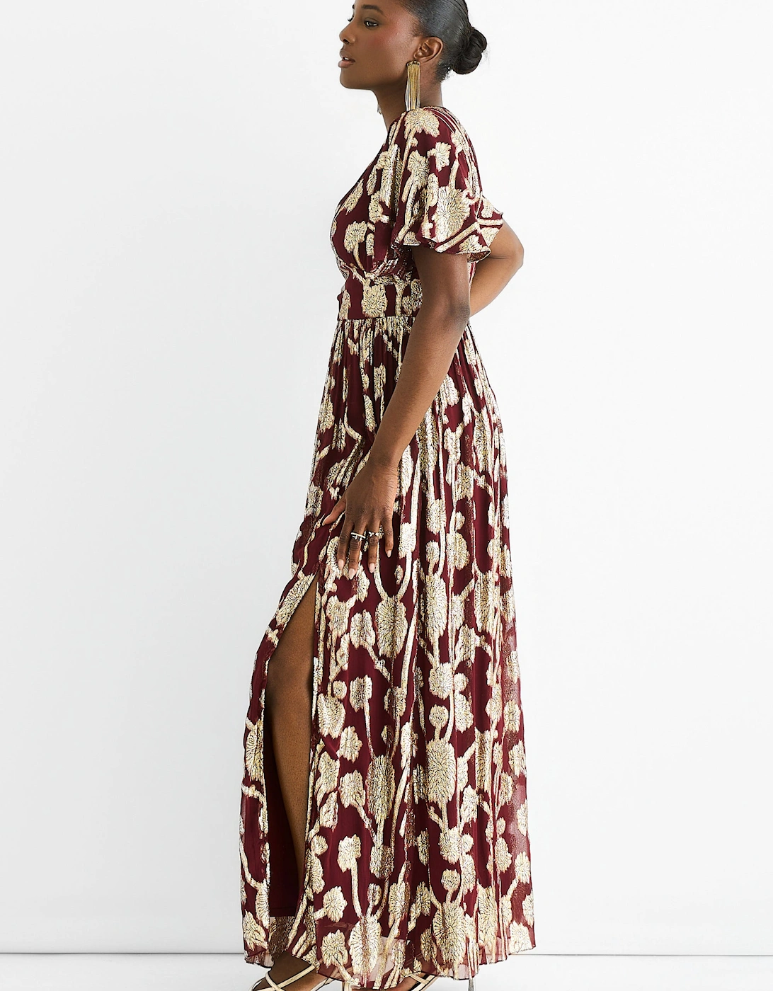 Burgundy Metallic Jacquard Flutter Sleeves Floral Maxi Dress