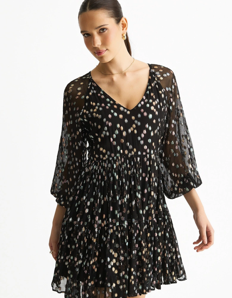 Black Multicolored Spot Viscose Clipped Jacquard Mini Tiered Dress
