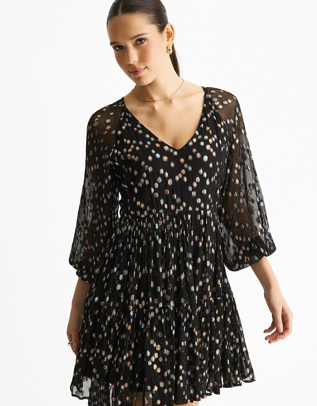 Black Multicolored Spot Viscose Clipped Jacquard Mini Tiered Dress