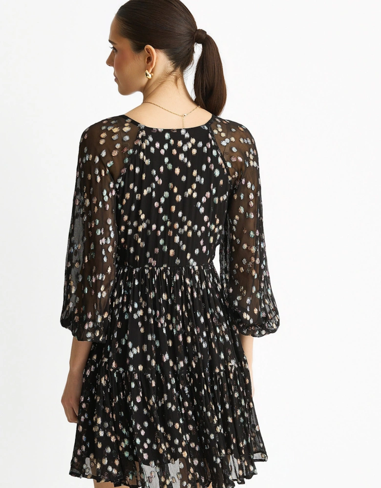 Black Multicolored Spot Viscose Clipped Jacquard Mini Tiered Dress