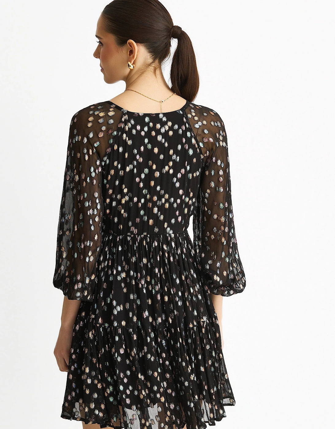 Black Multicolored Spot Viscose Clipped Jacquard Mini Tiered Dress