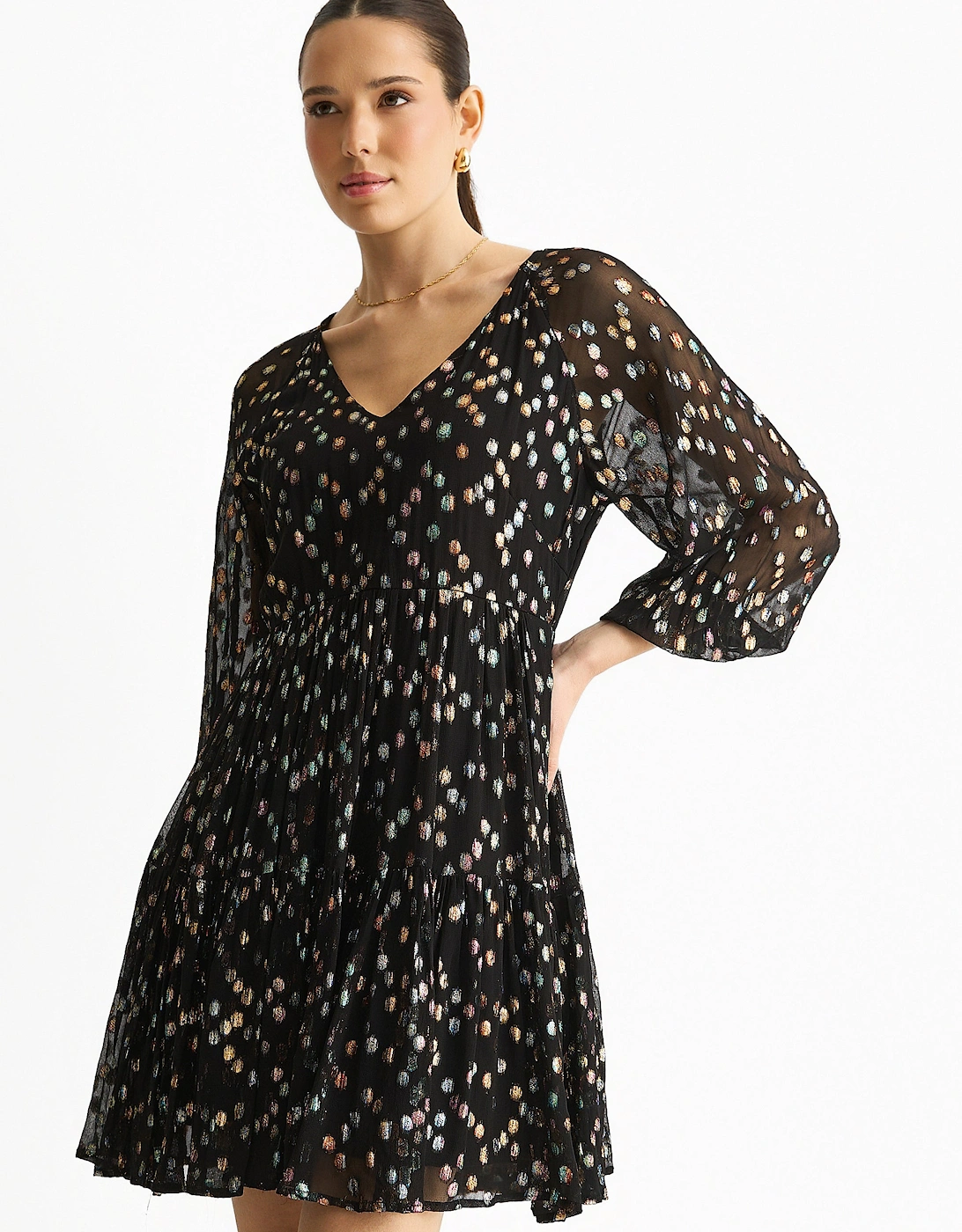 Black Multicolored Spot Viscose Clipped Jacquard Mini Tiered Dress
