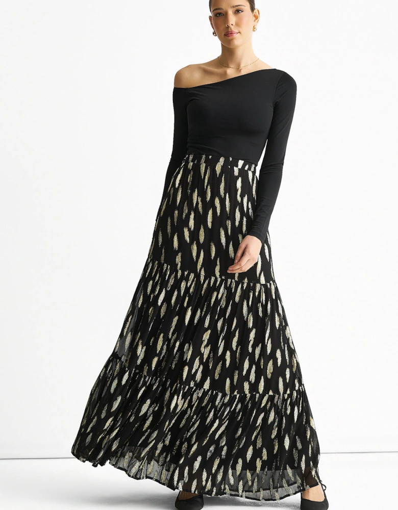 Black Clipped Jacquard Tiered Maxi Skirt