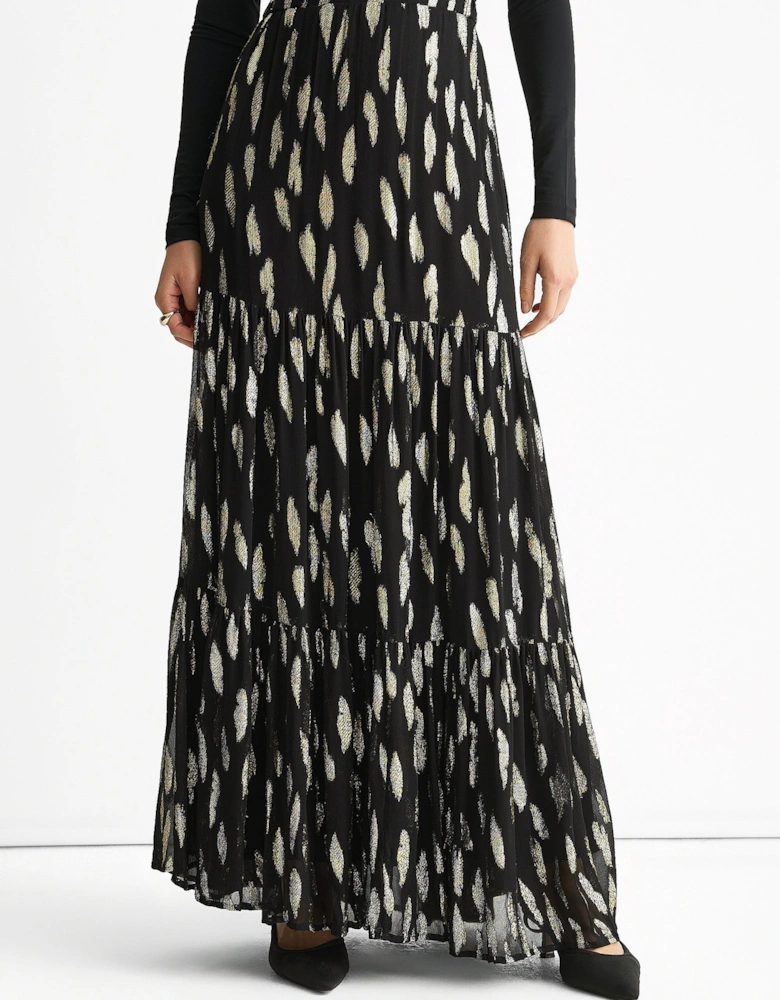 Black Clipped Jacquard Tiered Maxi Skirt