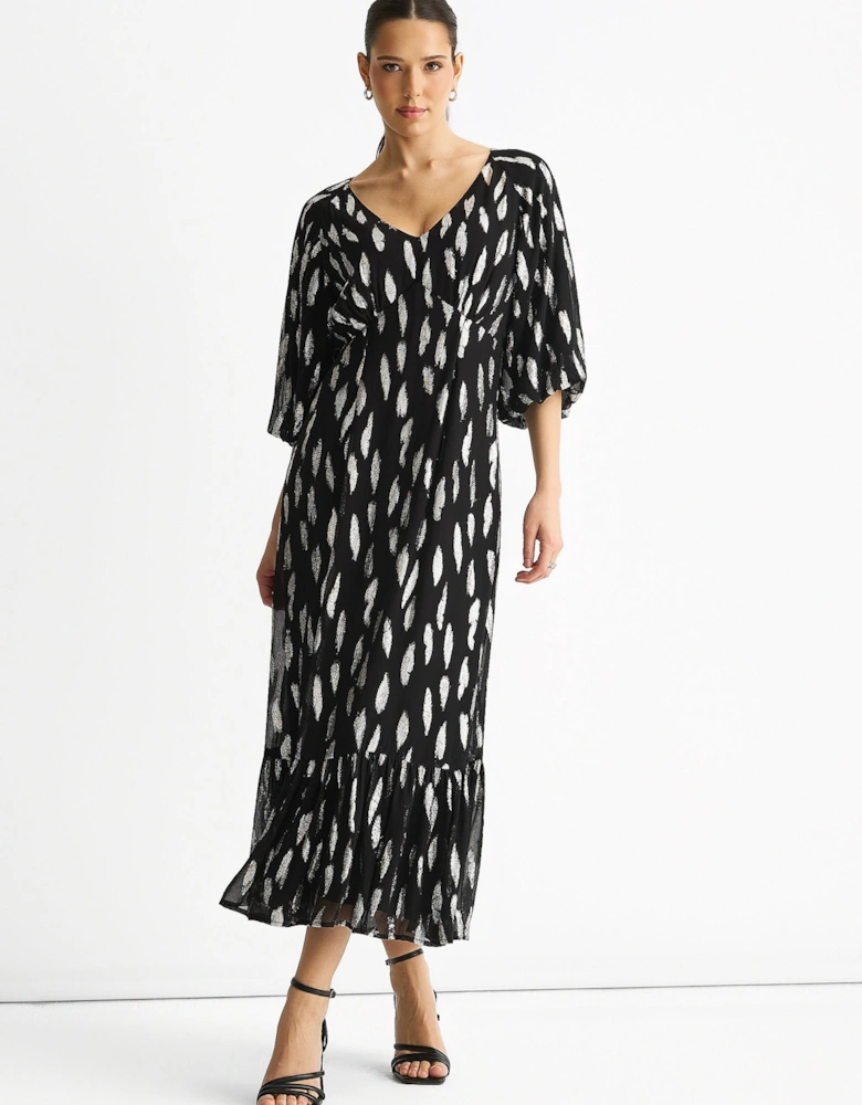 Black Viscose Clipped Balloon Sleeve Maxi Dress