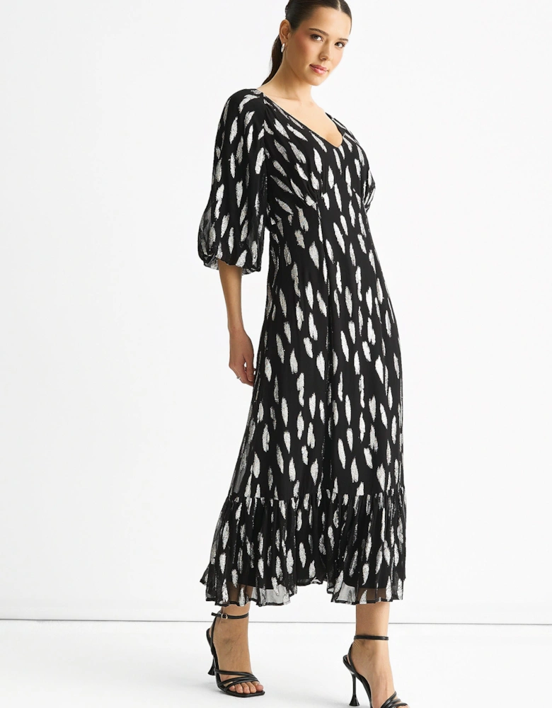 Black Viscose Clipped Balloon Sleeve Maxi Dress