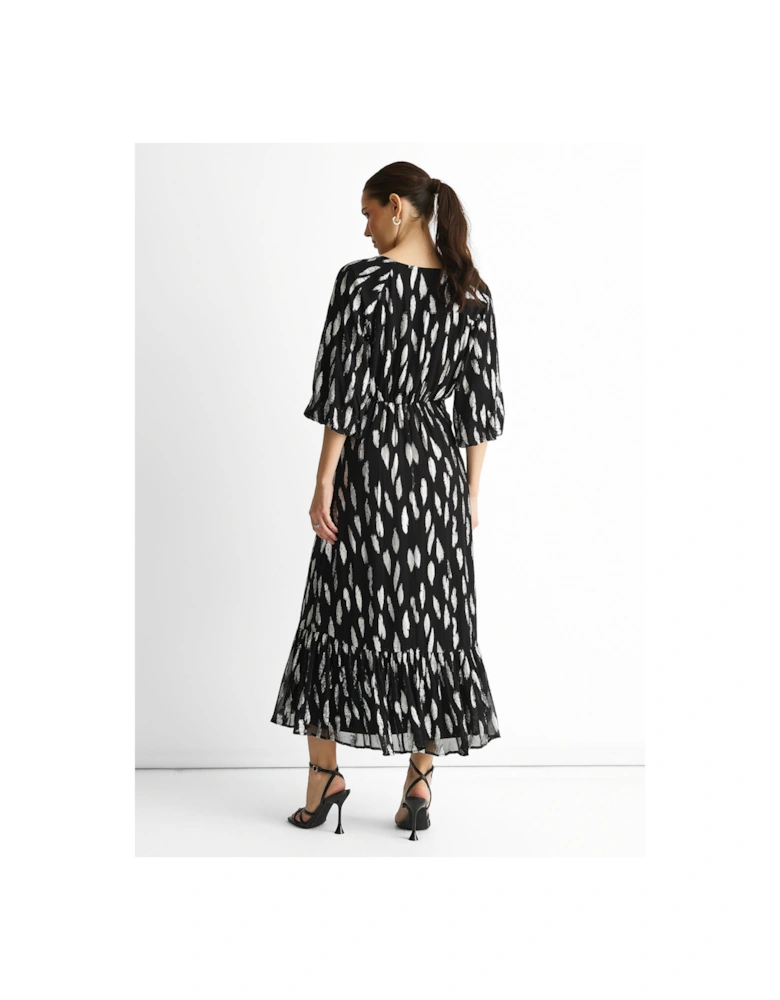 Black Viscose Clipped Balloon Sleeve Maxi Dress