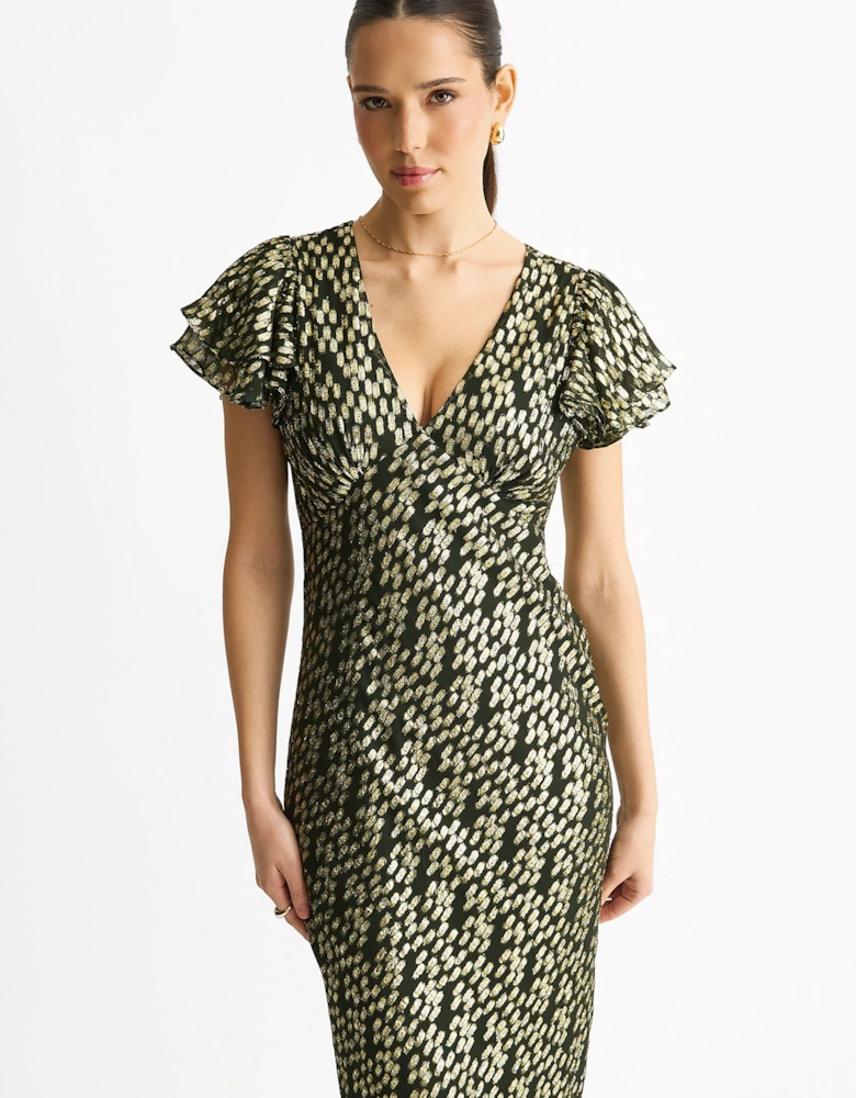 Dark Green Viscose Clipped Gold Jacquard Bias Cut Maxi Dress