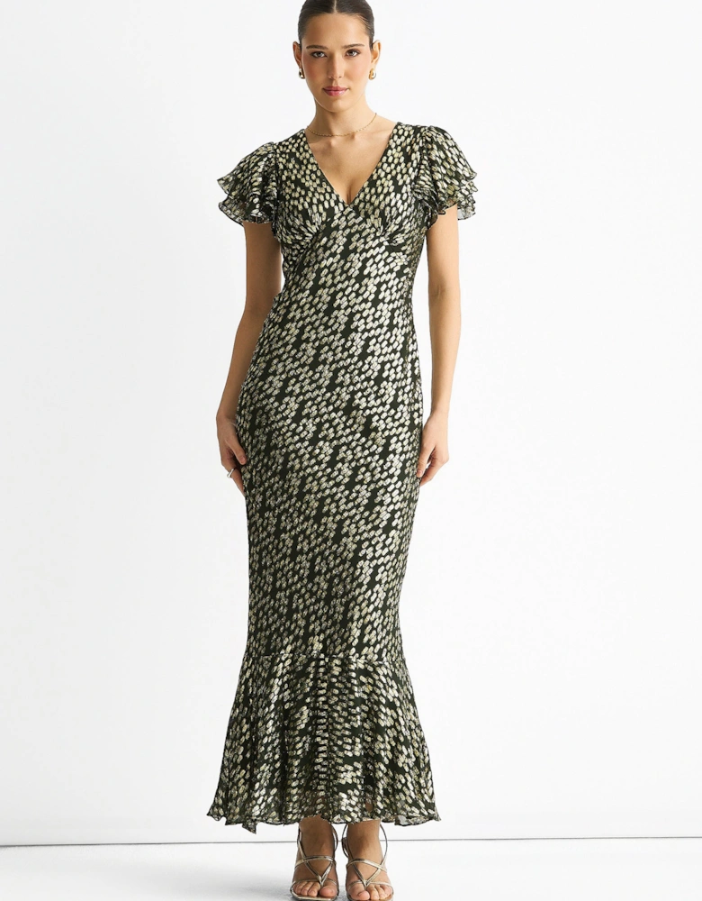 Dark Green Viscose Clipped Gold Jacquard Bias Cut Maxi Dress